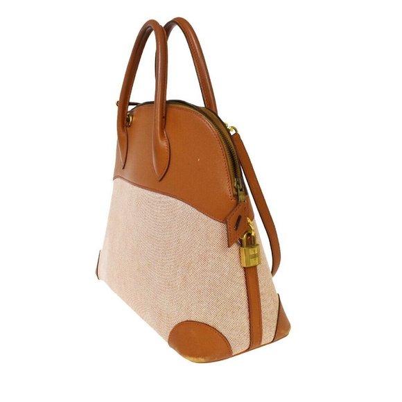 Authenticity Guarantee HERMES Bolide 35 Hand Bag Toile H Leather Canvas Brown Ma - Picture 4 of 16